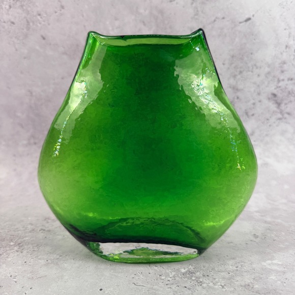 Other - Mid Century Green Glass Pillow Vase Large Textured Hand Blown MCM
